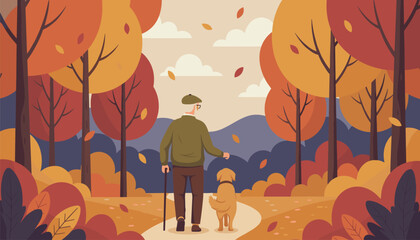 Obraz premium Senior man with a cane walking his golden dog along a forest path covered in falling autumn leaves under a warm seasonal sky.