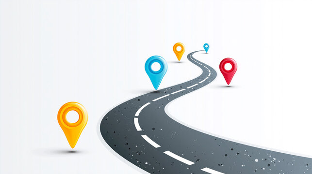 A winding road with colorful location pins marking different points along the path on a white background.