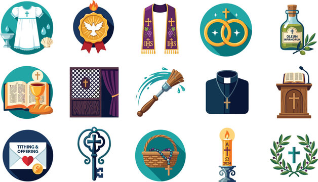 Catholic Church Seven Sacraments and Liturgical Rituals Vector Flat Icon Set