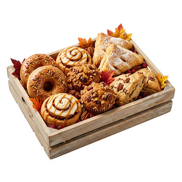 Assorted sweet pastries and donuts in a wooden crate decorated with autumn leaves