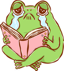 Fototapeta premium Frog Reading Book Crying, Chaos Bookish Animal Cartoon Hand Drawn