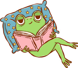 Frog Reading Book Sleepy Face, Chaos Bookish Animal Cartoon Hand Drawn