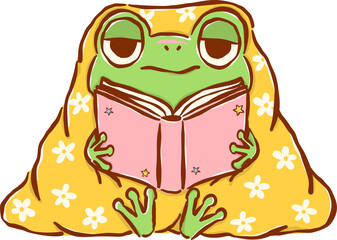 Fototapeta premium Frog Reading Book under Cozy Blanket, Chaos Bookish Animal Cartoon Hand Drawn