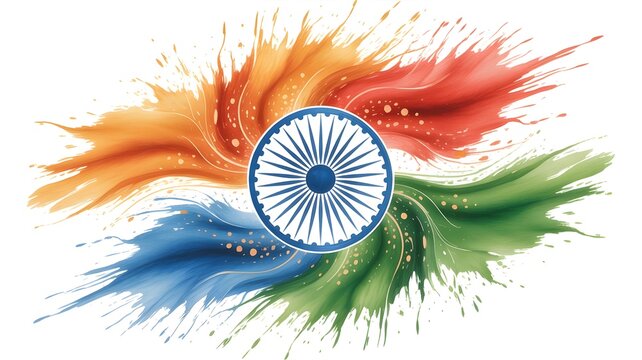 Ashok chakra emblem with vibrant watercolor splatter background