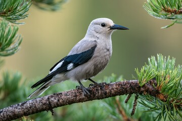 Obraz premium Intimate wildlife photograph of a Clark's Nutcracker resting on a conifer branch with soft woodland background