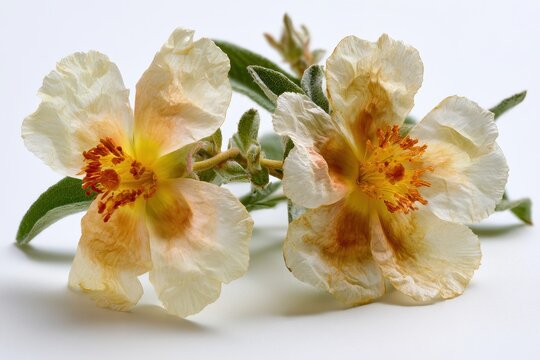 Isolated labdanum botanical composition: petals and foliage in soft studio lighting