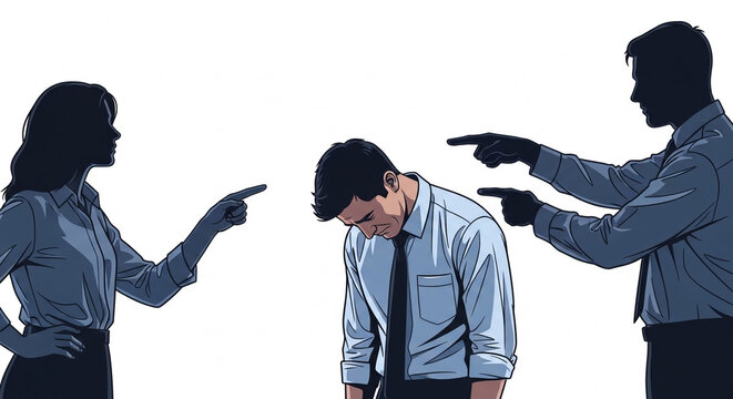 Sad Businessman Being Blamed and Pointed at by Coworkers, Concept of Workplace Harassment and Judgment