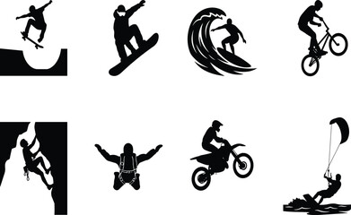 Fototapeta premium Extreme action sports solid black silhouette set featuring skateboarding, snowboarding, surfing, motocross, rock climbing, and skydiving