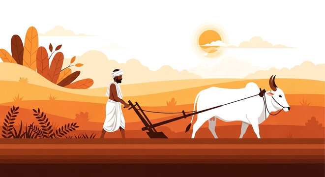 Vector illustration of an Indian farmer using a traditional wooden plow and ox in a rural field at sunrise
