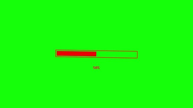 Red progress bar animation loading from 0% to 100% on a vibrant green screen background, perfect for compositing video projects