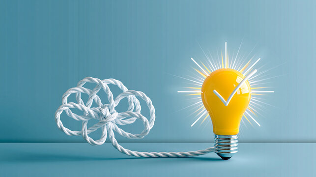 A glowing yellow light bulb is connected to a twisted rope shaped like a cloud on a blue background, symbolizing creativity and innovative ideas.