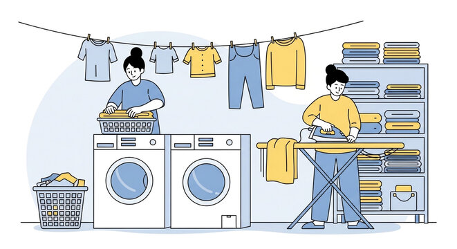 Women washing and ironing clothes in laundry room with washing machines and shelves flat vector illustration.