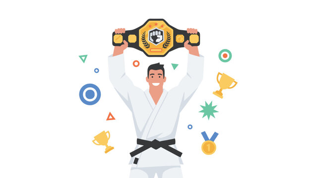 Karate master celebrates victory by holding a championship belt aloft surrounded by various sports trophies and medals in a studio.