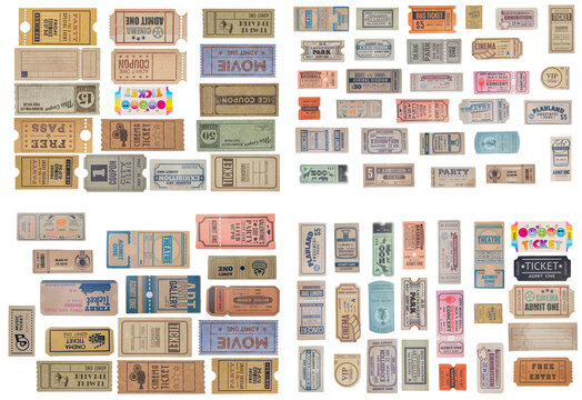a collection of old vintage ticket isolated on white background