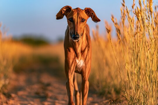 Lean sighthound in a rural field under a bright summer sky