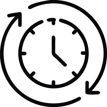 Simple black clock icon with circular arrows indicating time loop or repeat  no brand