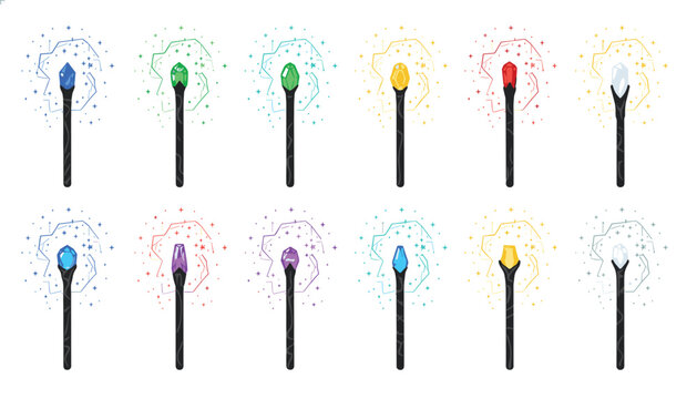 Collection of colorful magic wands with glowing crystals and sparkling energy effects on a white background.