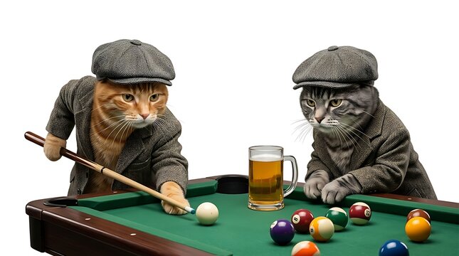 Two anthropomorphic cats wearing tweed flat caps playing billiards together with a glass of beer with dressed vintage tweed competition