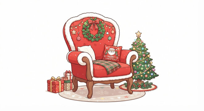 Cozy Red Christmas Armchair with Decorated Tree and Gift Boxes Vector Illustration