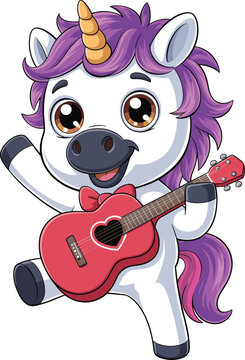 Cartoon unicorn playing heart guitar &mdash; purple mane, golden horn, red bow tie, white body, joyful dancing pose, expressive eyes