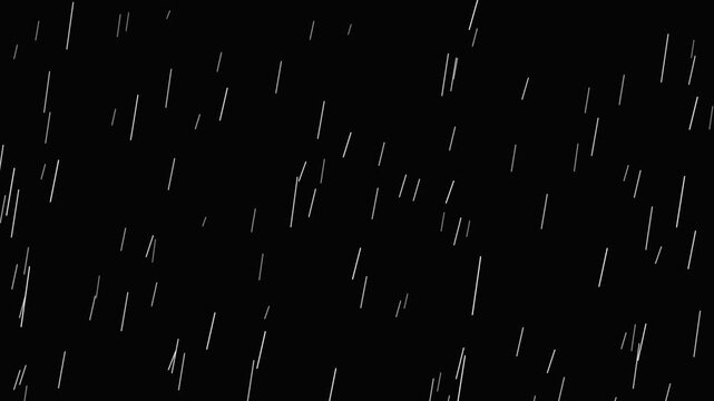 Animated white rain falling, abstract weather effect with vertical streaks, isolated on dark background, commercial chroma key element for overlay