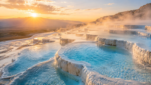 Luxury hot tub with steaming water at sunset. Relaxing outdoor spa experience for wellness and leisure.