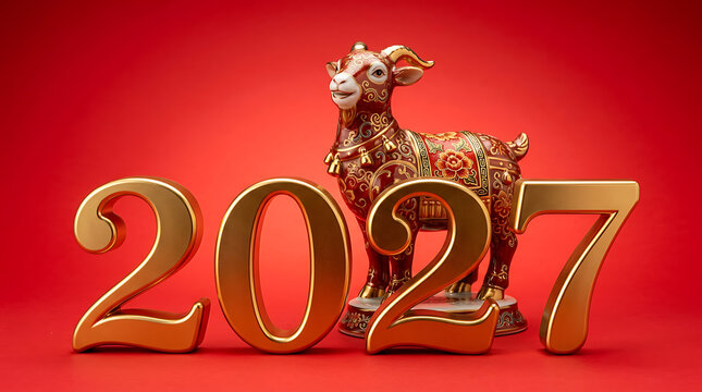 2027 chinese new year golden goat figurine with 3D numbers figurine celebration background greeting decorative tradition prosperity ornament horoscope oriental mythology metallic