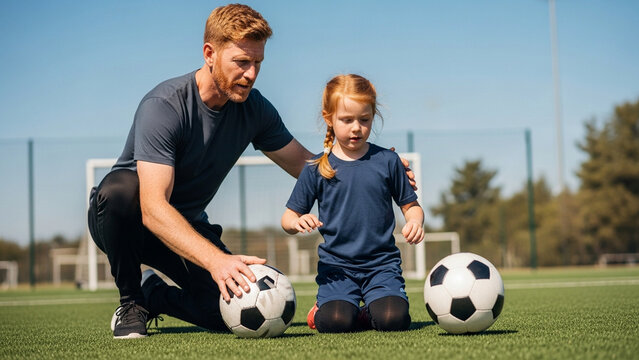 Redheaded male coach and a young redhead girl practicing soccer on an outdoor artificial turf field with two soccer balls, a goal in the background, under a bright clear blue sky.