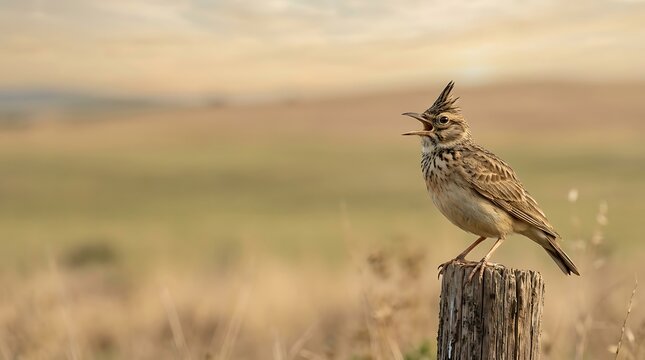 Crested lark singing on a wooden post in a rural field at sunset