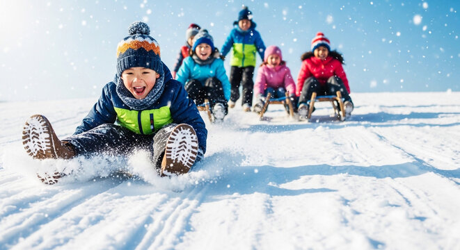 Excited diverse children sledding down a snowy hill on a sunny winter day enjoying outdoor seasonal fun.