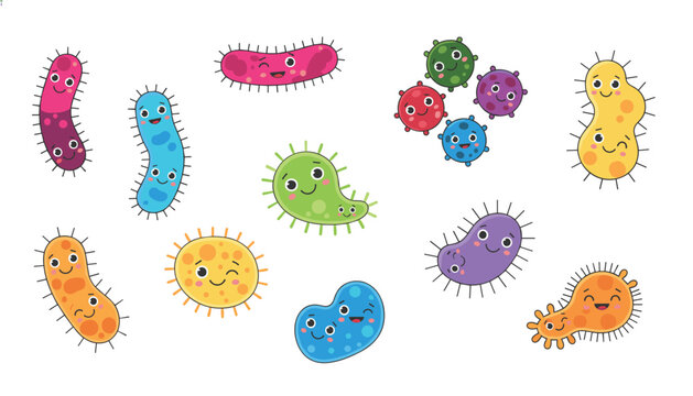 Colorful collection of cartoon bacteria and viruses featuring diverse shapes and funny expressions.