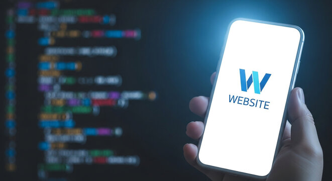 Person holding smartphone with website text on screen in front of coding background display