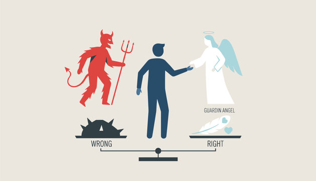 Conceptual illustration of a moral dilemma featuring a person choosing between a devil and a guardian angel.