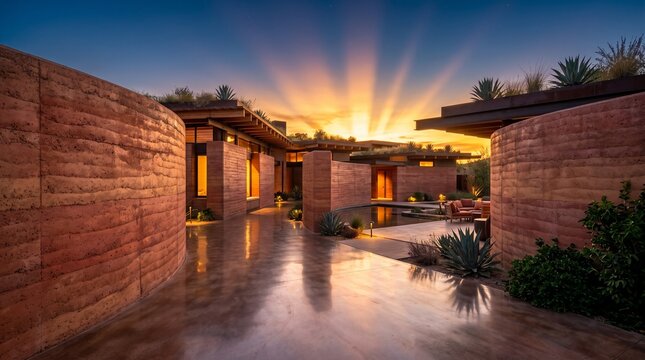 Luxury Modern Rammed Earth Desert Home at Sunset