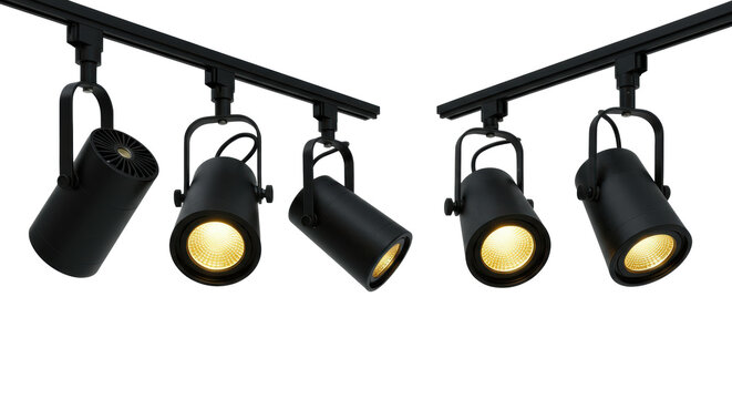 Five black professional led track spotlights with warm light in a row on a transparent studio background. Concept for product visualization