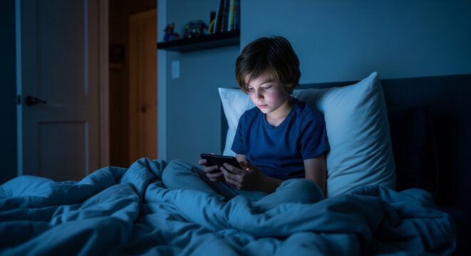 Young boy using smartphone in bed at night with screen light on face, digital device addiction and sleep issues