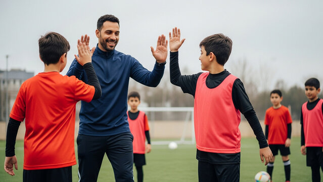 Smiling male soccer coach giving high-fives to young boys in red jerseys during a training session on an outdoor field with teammates and goalpost in the blurred background.