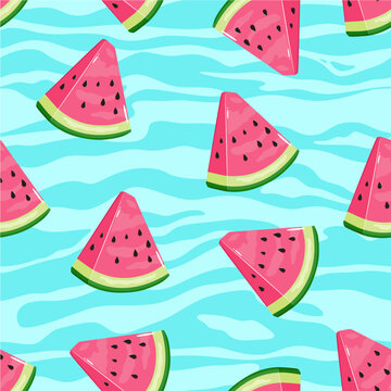 Summer fruit repeat pattern featuring fresh watermelon slices on abstract lines