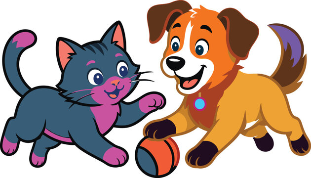 Cute cartoon cat and dog playing together with a ball isolated on transparent background