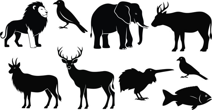 Set of wildlife animal silhouettes for nature and conservation themes. Vector illustrations of forest animals in outline style.