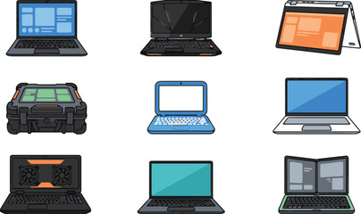 Modern laptop computer gaming notebook and portable device flat vector illustration set for technology hardware © Rumi