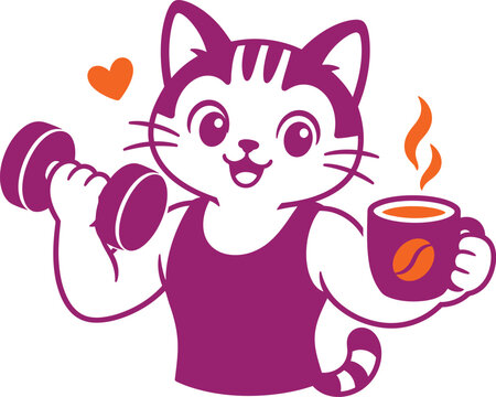 Cute cartoon cat lifting weights and holding coffee cup with steam