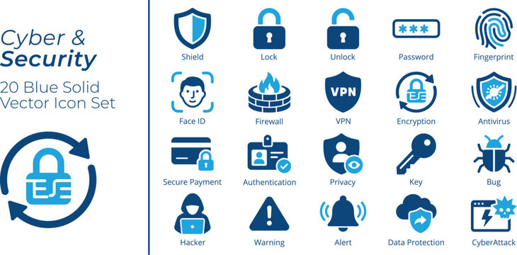 Cyber Security Solid Blue Icon Set. Includes Shield, Lock, Password, Firewall, VPN, Encryption, Antivirus, Hacker and Data Protection.