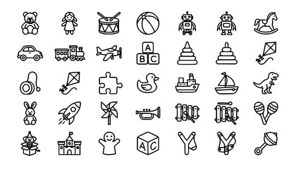 Children’s Toys and Playtime Icon Set, Cute Kids Games and Toy Outline Vector Collection