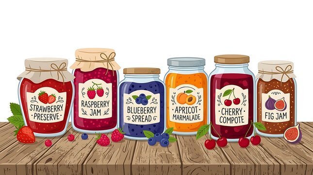Selection of colorful fruit jam jars with fresh berries on wood