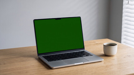Fototapeta premium Modern Laptop with Green Screen Mockup on Wooden Desk with Coffee Cup in Office Interior