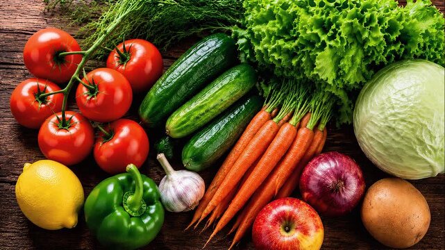 Fresh assorted vegetables and fruits on wooden table  