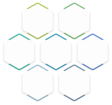 Business infographic template featuring seven hexagonal stages