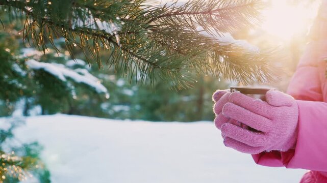 Childs hands in pink mittens holding metal cup with hot drink in snowy forest with glistening pine tree branches.