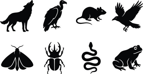 Naklejka premium Dark Forest Animal Silhouette Icon Set Featuring Wolf Vulture Rat Crow Moth Beetle Snake and Frog Collection